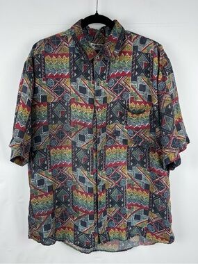 Men's Vintage Short-Sleeve Silk Geometric Print Shirt - Multicolor